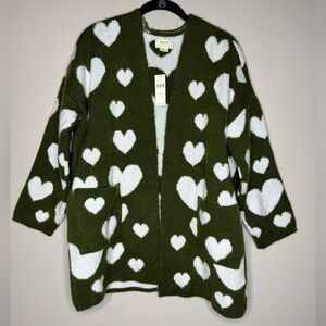 NWT Anthropologie Maeve green oversized open cardigan sweater w/ hearts size XS